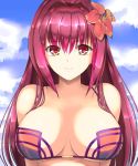  1girl bikini_top breasts clouds cloudy_sky fate/grand_order fate_(series) flower hair_flower hair_ornament large_breasts long_hair looking_at_viewer nekopenguin purple_hair red_eyes scathach_(fate/grand_order) sky smile solo swimsuit upper_body 