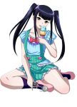  1girl black_hair collarbone food hair_ornament heart ice_cream ikkitousen long_hair looking_at_viewer saji_genpou_(true) simple_background sitting skirt solo suspender_skirt suspenders tongue tongue_out twintails white_background yellow_eyes 