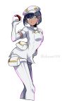  1girl :o aether_foundation_employee bangs black_hair cropped_legs dark_skin elbow_gloves gloves grey_eyes hair_between_eyes hat holding holding_poke_ball looking_at_viewer pantyhose poke_ball pokemon pokemon_(game) pokemon_sm short_hair short_sleeves simple_background solo thigh_strap twitter_username u_shamo unitard white_background white_gloves white_hat white_legwear 