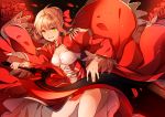  1girl blonde_hair breasts cleavage dress fate/extra fate_(series) flower green_eyes miya_(izumi369) open_mouth petals rose rose_petals saber_extra smile solo sword weapon 
