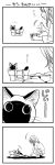  1girl 4koma bag beckoning bowl cat comic food greyscale highres monochrome original siamese_cat translated yamano_rinrin 