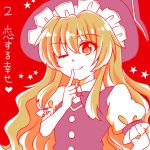  1girl blonde_hair chako_(chakoxxx) check_translation eyebrows eyebrows_visible_through_hair finger_to_mouth hat highres kirisame_marisa long_hair one_eye_closed puffy_sleeves red_background solo star touhou translation_request very_long_hair witch_hat yellow_eyes 