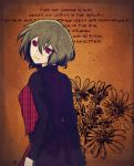  1girl absurdres al_bhed_eyes alternate_costume black_shirt brown_background commentary_request english flower flower_god_god_of_the_spring green_hair highres kazami_yuuka looking_at_viewer looking_back plaid poem red_eyes shirt skirt solo tabazi texture touhou unmoving_pattern upper_body vest 