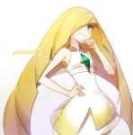  1girl bare_shoulders blonde_hair blush copyright_name crystal dress green_eyes hair_over_one_eye hand_on_hip lips logo long_hair looking_at_viewer lusamine_(pokemon) pokemon pokemon_(game) pokemon_sm rushi_(bloodc) sleeveless smile smirk solo very_long_hair 