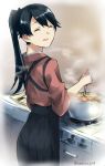  1girl :d ^_^ black_hair closed_eyes cooking from_behind hakama houshou_(kantai_collection) japanese_clothes kantai_collection kimono kitchen ladle looking_to_the_side open_mouth ponytail pot signature smile solo somechime_(sometime1209) steam stove tasuki twitter_username 