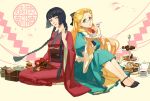  2013 2girls black_hair blonde_hair bow braid buming cake cookie cup dated dress food fork green_eyes hair_bow hime_cut japanese_clothes kimono multiple_girls tea teacup twin_braids yellow_eyes zone-00 