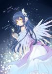  1girl :d angel_wings bangs blue_hair butterfly butterfly_hair_ornament commentary_request dress feathered_wings flower hair_flower hair_ornament happy_birthday holding holding_flower long_hair looking_at_viewer looking_back love_live! love_live!_school_idol_project open_mouth sash smile solo sonoda_umi ten-chan_(eternal_s) wings wristband x_hair_ornament yellow_eyes 