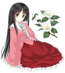 1girl black_hair blush flower frills highres hime_cut houraisan_kaguya long_hair long_skirt long_sleeves looking_at_viewer sitting skirt solo straight_hair touhou usagi_koushaku very_long_hair white_background wide_sleeves yokozuwari