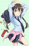  1girl ;p black_hair blue_eyes clothes_around_waist keychain kimura_(ykimu) long_hair necktie one_eye_closed original pencil_case school_uniform solo sweater_around_waist tongue tongue_out 