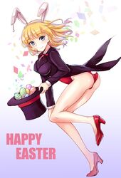  1girl animal_ears ass blonde_hair blue_eyes breasts confetti easter easter_egg fake_animal_ears happy_easter hat high_heels holding holding_hat large_breasts leotard princeton_(zhan_jian_shao_nyu) rabbit_ears short_hair solo top_hat yuemanhuaikong zhan_jian_shao_nyu 