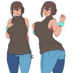  1girl absurdres ass blue_eyes breasts brown_hair dark_skin denim hai_ookami highres jeans long_hair medium_breasts original pants simple_background sleeveless solo sweater_vest white_background 