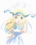  1girl :o blonde_hair braid cosplay dress green_eyes jellyfish lillie_(pokemon) long_hair looking_at_viewer nihilego open_mouth pointing pointing_at_viewer pokemon pokemon_(game) pokemon_sm sleeveless sleeveless_dress sundress tentacles ub-01 ultra_beast upper_body white_dress 