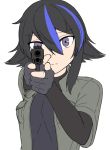  1girl aiming_at_viewer black_hair blue_hair eyebrows eyebrows_visible_through_hair fingerless_gloves glock gloves gun handgun highres looking_at_viewer multicolored_hair original paravene pistol two-tone_hair violet_eyes weapon 