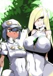  2girls absurdres aether_foundation_employee alternate_breast_size arms_behind_back bangs bare_shoulders black_hair blonde_hair blue_hair blush breasts brown_eyes covered_navel covered_nipples dark_skin dekosukentr dress empty_eyes green_eyes hair_between_eyes hair_over_one_eye hat heart heart-shaped_pupils heavy_breathing highres large_breasts leaf licking_lips long_hair lusamine_(pokemon) multicolored_hair multiple_girls nose_blush pokemon pokemon_(game) pokemon_sm short_hair sleeveless sleeveless_dress small_breasts smile streaked_hair sweatdrop symbol-shaped_pupils tongue tongue_out white_dress white_hat 