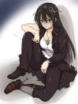  1girl alternate_costume bags_under_eyes black_hair brown_eyes commentary_request female headgear highres kamen_rider kamen_rider_kabuto_(series) kantai_collection long_hair looking_at_viewer nagato_(kantai_collection) parody sarfata shaded_face solo torn_clothes 
