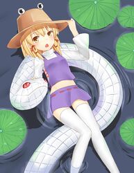  1girl absurdres blonde_hair chestnut_mouth hair_ribbon hand_on_headwear hat high_collar highres in_water lily_pad long_sleeves looking_at_viewer lulumiya_(abbb1233) lying microskirt midriff mishaguji moriya_suwako on_animal on_back red_eyes ribbon ripples short_hair skirt snake solo thigh-highs touhou white_legwear yellow_eyes 