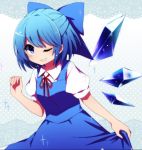  1girl ;) blue_bow blue_eyes blue_hair blue_skirt blue_vest blush bow cirno collared_shirt commentary_request grin hair_bow ice ice_wings lifted_by_self looking_at_viewer neck_ribbon one_eye_closed puffy_short_sleeves puffy_sleeves red_ribbon ribbon shirt short_hair short_sleeves skirt skirt_lift skirt_set smile solo sparkle touhou white_shirt wing_collar wings you_(noanoamoemoe) 