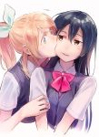  2girls awkward ayase_eli bangs blonde_hair blue_eyes blue_hair bow bowtie brown_eyes cheek_kiss collared_shirt commentary_request hair_between_eyes hair_bow hand_on_another&#039;s_arm highres kiss long_hair looking_at_another love_live! love_live!_school_idol_project multiple_girls parted_lips ponytail red_bow red_bowtie shirt short_sleeves sonoda_umi sweatdrop vest yukiiti yuri 