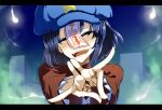  1girl :d ^_^ beret blue_hair blush closed_eyes commentary_request fangs foreshortening hand_gesture hat head_tilt highres hitodama jiangshi letterboxed long_sleeves manekinekoppoi_inu miyako_yoshika nose_blush ofuda open_mouth outstretched_arms red_shirt shirt short_hair smile solo star tombstone touhou upper_body zombie_pose 