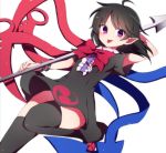  1girl :p asymmetrical_wings black_dress black_hair black_legwear blush bow cowboy_shot dress houjuu_nue leg_up looking_at_viewer no_panties pointy_ears polearm red_bow red_eyes short_dress short_hair short_sleeves simple_background skirt solo thigh-highs tongue tongue_out touhou trident weapon wings you_(noanoamoemoe) 