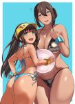  2girls ass ball bare_shoulders beachball bikini black_bikini blue_background blue_eyes bracelet breasts cleavage collarbone curvy dark_skin fang flying_sweatdrops green_eyes hai_ookami hand_on_hip heart heart-shaped_pupils highres huge_breasts jewelry long_hair looking_at_viewer looking_back mole multiple_girls original shiny shiny_clothes short_hair side-tie_bikini skindentation smile surprised swimsuit symbol-shaped_pupils tan thighs wide_hips 