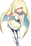  1girl ;o absurdres bare_arms bare_shoulders blue_hair ceda_(dace) dress emerald foreshortening gem green_eyes highres long_hair looking_at_viewer lusamine_(pokemon) multicolored_hair one_eye_closed pantyhose pantyhose_pull parted_lips pokemon pokemon_(game) pokemon_sm shoes simple_background sleeveless sleeveless_dress standing two-tone_hair very_long_hair white_background white_dress white_legwear white_shoes 