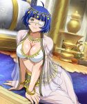  1girl ahoge arm_support blue_hair breasts cleavage collarbone eyepatch green_eyes ikkitousen large_breasts long_hair mole mole_under_mouth ryomou_shimei see-through short_hair sitting smile solo white_background 