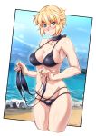  &gt;:( 1girl alternate_costume armpits beach bikini black_bikini blonde_hair blush breasts choker cleavage closed_mouth collarbone commentary_request covered_nipples cowboy_shot green_eyes halter_top halterneck highres holding holding_swimsuit looking_at_viewer medium_breasts mizuhashi_parsee nose_blush ootsuki_wataru pointy_ears short_hair solo stomach swimsuit touhou twitter_username wavy_mouth 