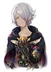  androgynous black_gloves cape earrings frown gauntlets gloves grey_hair hair_over_one_eye jewelry little_noah looking_at_viewer pomeroxu upper_body white_background yellow_eyes 