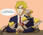  1boy biting blonde_hair chromatic_aberration crossover dio_brando ear_biting english eyebrows formal highres interlocked_fingers jangmo-o jojo_no_kimyou_na_bouken necktie pokemon pokemon_(creature) short_hair solo suit talking xnirox 