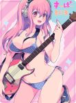  1girl bikini breasts cleavage commentary_request currynikomiudon electric_guitar guitar headphones instrument large_breasts looking_at_viewer navel nitroplus open_mouth pink_hair polka_dot polka_dot_bikini polka_dot_swimsuit shoes smile sneakers solo super_sonico swimsuit 