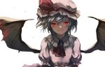  1girl ascot bat_wings blush brooch closed_mouth eredhen frilled_shirt_collar frilled_sleeves frills grey_hair hair_between_eyes hat hat_ribbon highres jewelry lavender_hair looking_at_viewer mob_cap outstretched_wings puffy_short_sleeves puffy_sleeves remilia_scarlet ribbon sad_smile short_hair short_sleeves simple_background skirt slit_pupils solo spread_wings tearing_up tears touhou vampire white_background wings 