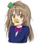  1girl bow bowtie brown_eyes brown_hair hair_bow long_hair looking_at_viewer love_live! love_live!_school_idol_project minami_kotori miyako_hito one_side_up potato_chips pringle_duck school_uniform solo upper_body 