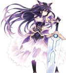  1girl armor armored_dress choker date_a_live dress gloves highres long_hair looking_at_viewer pauldrons ponytail purple_hair serious simple_background solo standing sword tsunako violet_eyes weapon white_background yatogami_tooka 