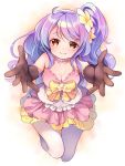  1girl bow breasts cleavage commentary_request flower flower_knight_girl gloves hair_flower hair_ornament highres long_hair looking_at_viewer medium_breasts mg_kurino one_side_up pantyhose plumeria_(flower_knight_girl) purple_hair reaching red_eyes smile solo white_background white_legwear 