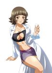  1girl arm_support belt breasts brown_eyes brown_hair chouhi_ekitoku cleavage cleavage_cutout collarbone erlenmeyer_flask holding ikkitousen labcoat large_breasts navel shiny shiny_skin short_hair simple_background skirt solo white_background 