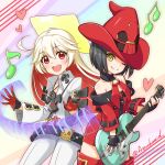  2girls ahoge bare_shoulders black_hair blonde_hair electric_guitar fingerless_gloves french_maid gloves green_eyes guilty_gear guitar hat heart i-no instrument jack-o_(guilty_gear) keyboard_(instrument) looking_at_viewer multicolored_hair multiple_girls musical_note one_eye_closed red_eyes redhead smile thigh-highs twitter_username two-tone_hair witch_hat younger 