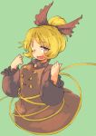  1girl blonde_hair blush bow brown_bow brown_dress bubble_skirt commentary cropped_legs dress green_background hair_bow hair_bun ini_(inunabe00) kurodani_yamame long_sleeves one_eye_closed open_mouth puffy_long_sleeves puffy_sleeves ribbon simple_background skirt smile solo touhou yellow_eyes yellow_ribbon 