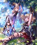  2girls armpits arms_up axe bare_arms bare_shoulders battle_axe black_hat blonde_hair blue_ribbon character_request clouds cloudy_sky dress fang fantasy gloves grass hat hat_ribbon holding holding_weapon irua leaning_forward leaning_on_object looking_at_viewer mini_hat mini_top_hat multiple_girls official_art open_mouth red_dress red_eyes ribbon shingeki_no_bahamut short_hair siblings sitting sitting_on_ground sky sleeveless sleeveless_dress smile top_hat tree tree_shade twins weapon 