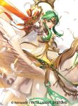  1girl armor brown_eyes cape copyright_name elbow_gloves elincia_ridell_crimea feathers fire_emblem fire_emblem:_souen_no_kiseki fire_emblem_cipher gloves green_hair hair_bun hair_up holding holding_weapon pauldrons pegasus pegasus_knight solo sword tiara weapon wings 