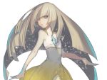  1girl bangs bare_arms blonde_hair blunt_bangs closed_mouth diamond dress empty_eyes green_eyes long_hair looking_at_viewer lusamine_(pokemon) nekushi pokemon pokemon_(game) pokemon_sm simple_background sleeveless sleeveless_dress smile solo star_(sky) very_long_hair white_background 