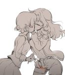  2girls bomber_jacket closed_eyes darjeeling face_hold girls_und_panzer hands_on_another&#039;s_face jacket kay_(girls_und_panzer) kiss long_hair multiple_girls short_hair simple_background spot_color white_background yuri 