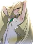  1girl akira_(natsumemo) armpits between_breasts blonde_hair breasts covered_navel green_eyes hair_over_one_eye impossible_clothes long_hair lusamine_(pokemon) pokemon pokemon_(game) pokemon_sm small_breasts 