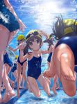  6+girls air_bubble ass bare_legs barefoot black_eyes black_hair bubble clock commentary_request floating_hair goggles goggles_on_head higashi_tarou highres long_hair multiple_girls one-piece_swimsuit original pool school_swimsuit smile solo_focus swim_cap swimming swimsuit twintails underwater water 