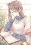  1girl 39_kura bangs bespectacled blanket book brown_hair chin_rest coffee coffee_cup commentary_request earrings frown glasses grey_hair half_updo highres jewelry latte_art long_hair long_sleeves love_live! love_live!_school_idol_project minami_kotori one_side_up open_book plant reading scrunchie sitting sleeves_past_wrists solo sweater table turtleneck yellow_eyes 