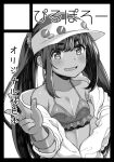  1girl bare_shoulders bikini breasts circle_cut dark_skin eyebrows greyscale hai_ookami heart heart-shaped_pupils hood hoodie long_hair monochrome original small_breasts solo swimsuit symbol-shaped_pupils twintails visor_cap 