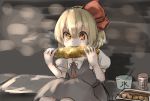  1girl corn eating food heart heart-shaped_pupils highres kushidama_minaka rumia solo symbol-shaped_pupils takoyaki touhou 