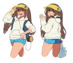  1girl absurdres brown_hair fang green_eyes hai_ookami heart heart-shaped_pupils highres hood hoodie long_hair looking_at_viewer looking_back simple_background smile solo symbol-shaped_pupils thighs visor_cap white_background 