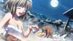  2girls artist_request bangs blunt_bangs breasts brown_hair chibi closed_eyes collarbone crab drinking food game_cg hime_cut long_hair moon mother_and_daughter multiple_girls naked_towel night night_sky official_art onsen open_mouth ougon_musou_kyoku sakutarou sky smile swimming tied_hair towel umineko_no_naku_koro_ni ushiromiya_maria ushiromiya_rosa 