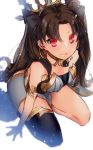  1girl artist_name black_hair commentary_request earrings fate/grand_order fate_(series) gem hair_ribbon hoop_earrings ishtar_(fate/grand_order) jewelry kneeling long_hair looking_at_viewer pantsu_(lootttyyyy) red_eyes ribbon smile solo tohsaka_rin twintails two_side_up white_background 